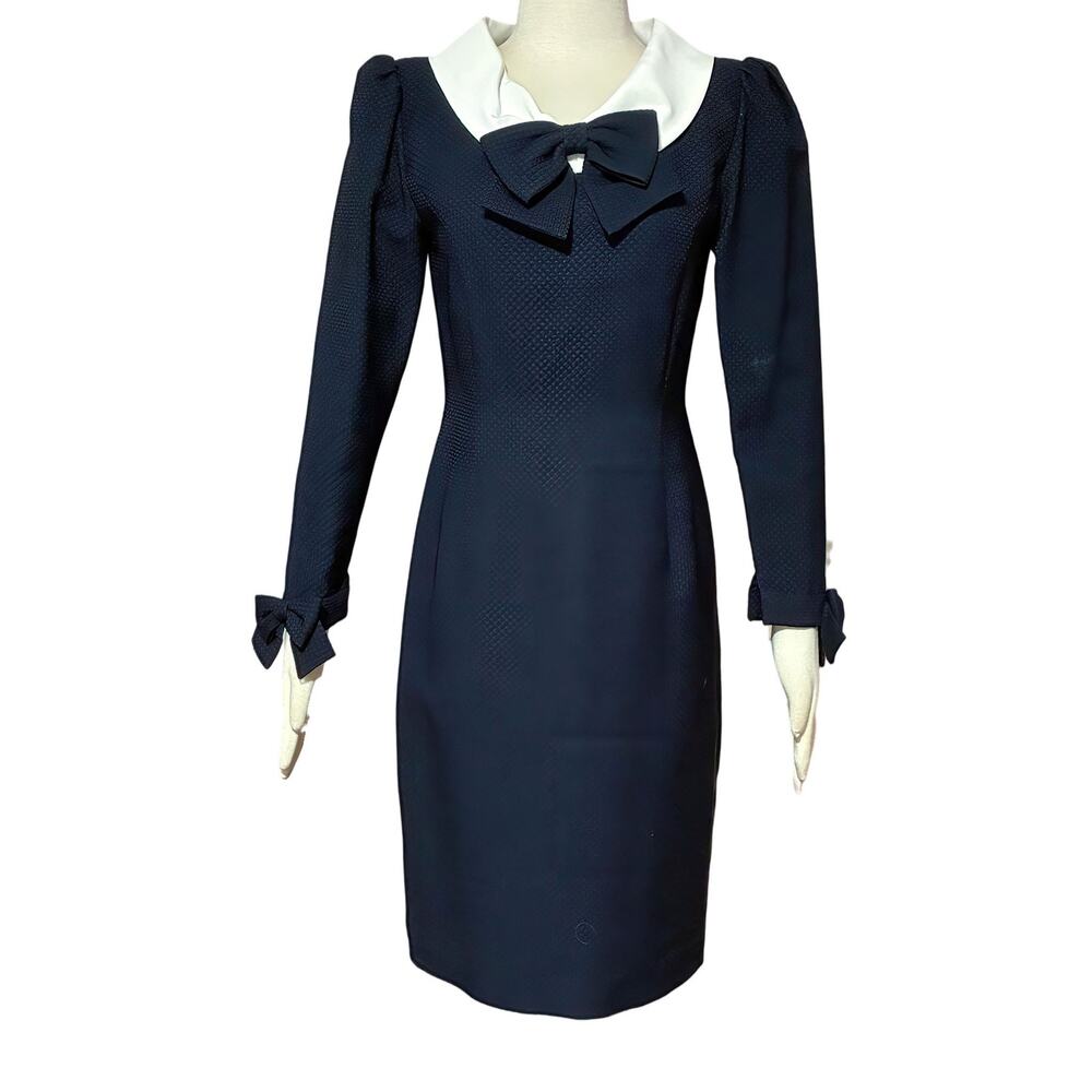 Vtg Hanae Mori Boutique Navy Blue Dress with White Contrast Collar & Bow Accents